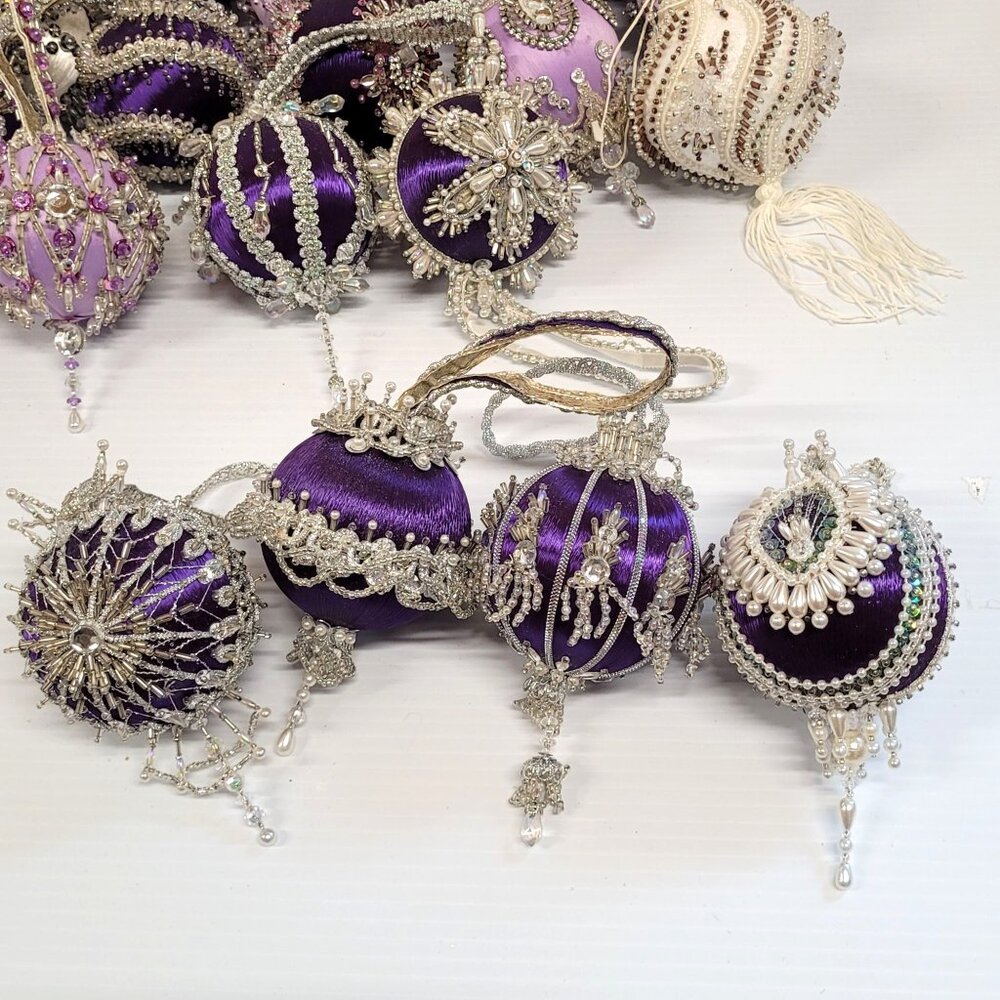 Beaded Sequin Push Pin Satin Christmas Ornaments Lot 35 Handmade Purple Lavender - Picture 5 of 10